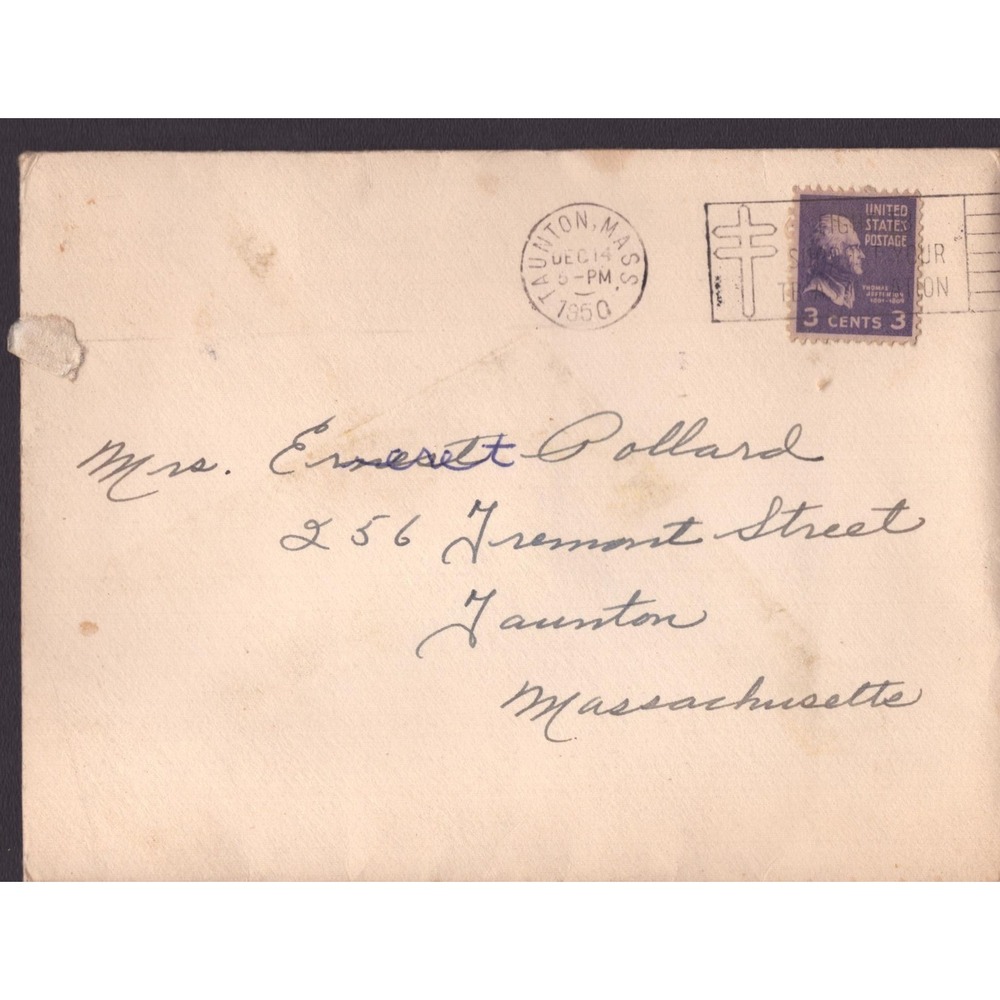 1950 Postal History Cover Taunton MA Postmark 3c Thomas Jefferson Stamp - Picture 1 of 2